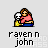 Pixel art icon of a woman in pink top and blue pants holding a white skull, with text 'raven n john' below; one variant has speech bubbles reading 'MORE', 'CUSHION', 'FOR THE', 'PUSHIN!' above.