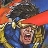 A pixelated character with a single red eye, dark hair, and blue clothing, holding a golden object against a blue background.