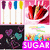 pixelated icons featuring lollipops, strawberries in a bowl, and heart shapes with 'SUGAR' text overlay
