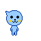 Blue pixelated character with yellow cheeks and black eyes, shown in multiple poses including standing still, walking, and gesturing while speech bubbles display 'click!' text.