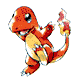 Animated sequence of a small orange dinosaur-like creature with yellow underbelly and flame on tail, transitioning through color variations and silhouette states.