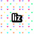 A static icon with 'liz' text on a white background featuring small multicolored squares and dots, transitioning to diagonal pink and green stripes.