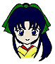 Animated character with dark blue hair, green headband, yellow top with red collar, showing multiple facial expressions including open eyes, closed eyes, and squinting.