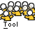Pixelated yellow figures with white circular heads, each holding a white object, arranged in with text below