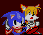 Pixel art of two cartoon characters in red and blue outfits against a dark background, with visible animation changes across frames.