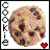 Two side-by-side pixelated images of chocolate chip cookies; left shows single cookie with vertical "COOKIE" text and red heart, right shows stacked cookies with horizontal "COOKIES <3" text.