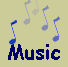 Blue musical notes fall against a pale yellow background with the word 'Music' in dark blue pixelated text below.