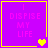 Purple square with yellow border containing pink text "I DISPISE MY LIFE" and changing heart symbols at bottom-right.