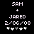 Pixelated text displays 'SAM' above '+' and 'JARED', with date '2/06/08' below, followed by five heart icons where the third is grayed out.