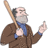Pixelated icon of a bearded man in brown coat and blue shirt holding a wooden staff, right hand raised with index finger extended.