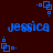 Blue pixelated text 'jessica' on dark red background with blue square-dot patterns at corners and edges.