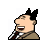 Pixelated cartoon character with black spiky hair, tan suit jacket, white checkered shirt, and brown tie in two slightly different poses on a transparent background.