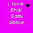 Pixelated icon with bright pink background displaying 'i love Shai Sami Abbie' text and animated heart/sparkle symbols.