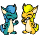 Pixelated cartoon dragon with blue and yellow variants, each shown in multiple poses including closed eyes and open mouth.