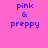 Four identical pixelated text arranged in a , each displaying 'pink & preppy' in blue font on pink backgrounds of varying shades