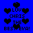 Blue background with black pixelated text and heart symbols arranged in a pattern, featuring repeated phrases and icons
