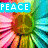 A four-quadrant of pixelated icons with text labels: PEACE over a sunflower, LOVE with overlapping letters and heart, HAPPINESS over a smiley face, and an empty gray quadrant