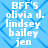 Blue background with light blue diamond pattern, white text reading "BFF's olivia d. lindsey bailey jen" repeated twice in a