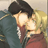 Pixelated static image of two anime-style characters in a close embrace, one with dark hair and the other with blonde hair, wearing distinct colored outfits against a neutral background.