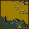Pixel art icon with mustard-yellow background, brown border, and abstract pixelated shapes in teal, dark green, and beige.