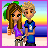 Pixel art contact sheet showing six frames of an animated beach scene with two cartoon characters and palm trees, featuring text "ocean avenue" in the lower section.