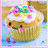 A cupcake-shaped character with a smiling face, white frosting, and colorful sprinkles on top, set against a light blue background with scattered confetti.