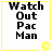 Four identical square with yellow borders display black text "Watch Out Pac Man" and a small yellow Pac-Man icon in the bottom-right corner of each