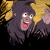 Pixelated cartoon monkey with dark fur, wide eyes, and open mouth showing pink tongue and white teeth against yellow and black background.