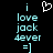 Pixelated cyan text on black background reads 'i love jack 4ever =]' with a white heart symbol above the 'i' in the left view, absent in the right view.