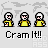 Pixel art character in yellow shirt with white hair, holding orange object, displayed in three with 'Cram It!!' text below each