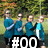 Four pixelated figures in blue and teal clothing stand outdoors with a green background, displaying large white text #00 at the bottom.
