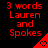 Red pixelated text '3 words Lauren and Spokes' repeated across a black background with red triangular shapes containing heart symbols.