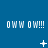 Blue background with repeated white text 'OWW OWW!!!' in three , each containing three identical text instances, with small white symbols appearing between