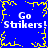 Blue background with yellow pixelated border and central starburst, repeated white text "Go Stikers!" in four corners.