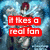 Pixelated anime-style character with red hair and blue wings overlaid with red text reading "it likes a real fan" on a blue background.