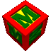 Red cube with green 'M' letters on yellow faces, rotating in a of six and five against gray background