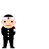 Pixelated character in black uniform with white headband and red dot, shown in multiple poses including standing upright, bowing, and holding hands near face.