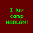 Green pixelated text "I luv camp HARLAM!" on dark red background with shifting pink rectangular overlays.