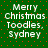 Green background with red dots and white text reading 'Merry Christmas Toodles, Sydney' in four identical