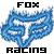 Static pixel art icon with 'FOX' text above a blue stylized fox head and 'RACING' text below on white background.