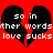 Red background with two black broken heart shapes, white pixelated text reading "so in other words love sucks" repeated across both hearts.