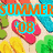 Pixelated beach scene with colorful flip-flops and green palm trees, overlaid with multicolored text reading 'SUMMER FUN '08 IN THE SUN :)'.
