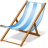 Pixelated beach chair with light blue and white striped fabric, brown wooden frame, and a shadow on a gray background.