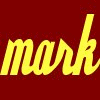 Red background with yellow cursive text 'mark' on left; pixelated human face with glasses on right.