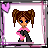 Pixel art character with brown pigtails and blue eyes in pink top and black pants, shown in multiple states with text phrases on white backgrounds bordered by pink hearts.
