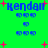 Pixelated blue text 'Kendall' on bright green background with pink plus signs and blue circular shapes, animated by changing positions of small elements.