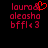Red pixelated text on black background with a red heart symbol replacing the ampersand in 'laura&' for one frame.