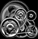 Black-and-white mechanical gear assembly with interlocking cogs and a single white arrow pointing right, displayed in a