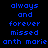 Blue pixelated text on black background repeats 'always and forever missed anth marie' in three across two