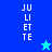 A vertical split-screen display shows two versions of the name "JULIETTE" in white pixelated text on blue backgrounds, with a small star icon changing color between frames.